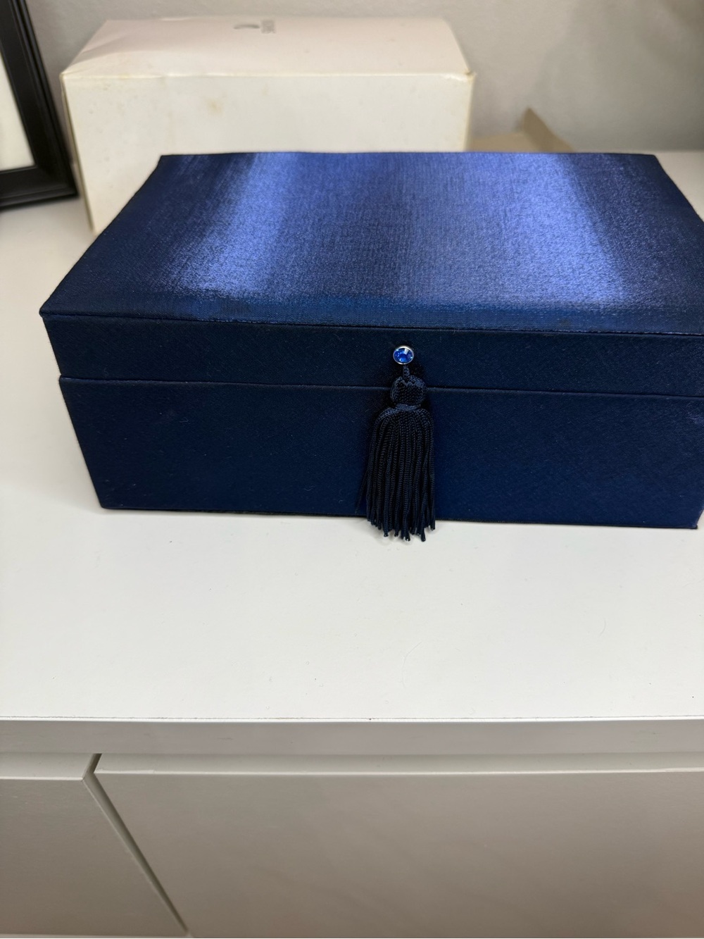 Swarovski Blue Jewelry Box Mirror Organizer Gift New Old Stock GWP 9x6x3 Tassel